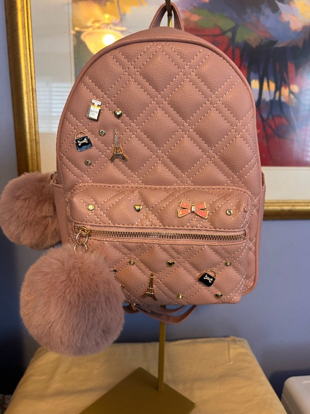 Trendy Pink Quilted Backpack Purse for Girls & Teens - PU Leather, Pompom and
